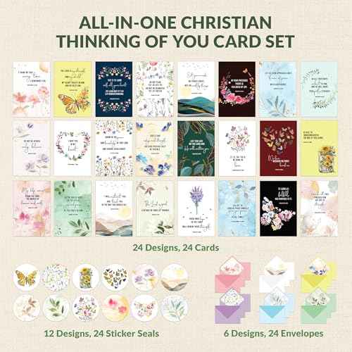 Decorably 24 Pack Gold Foil 4x6in Assorted Christian Thinking of You Cards Religious with Envelopes & Stickers, 24 Floral Designs Religious Thinking of You Cards with Envelopes, Printed Message Inside