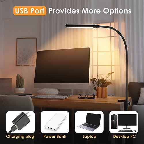 ShineTech LED Desk lamp with Clamp, Eye-Caring Clip Lights for Home Office, 3 Colors Full Brightness, Flexible Gooseneck USB Adapter Table Lamp, Black