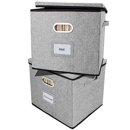 Vinyl Record Storage Box Hold 100+ Lp Albums Foldable Storage Bin with Lid Record Holder for Albums, CDs, DVDs (Grey, Large-2pcs)