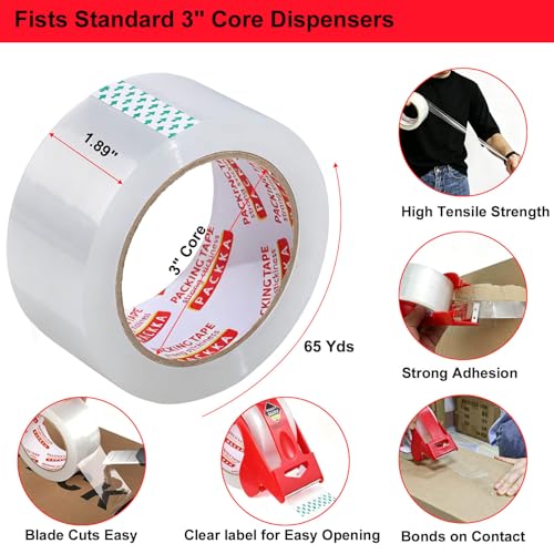 PACKKA Heavy Duty Clear Packing Tape with Dispenser & Utility Knife - 6 Rolls