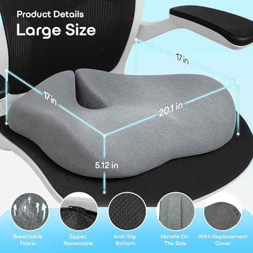 Seat Cushion Extra Large Memory Foam Cushion for Office Chairs Pressure Relief Seat Cushion for Long Sitting for Tailbone Pain,Back Pain,Coccyx Sciatica Pain Relief Pillow with Removable Cover