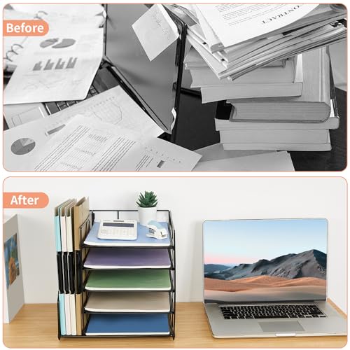LEKETREE 12x12x12 Inch Black 5-Tier Desk Organizer with File Holder, Office Supplies