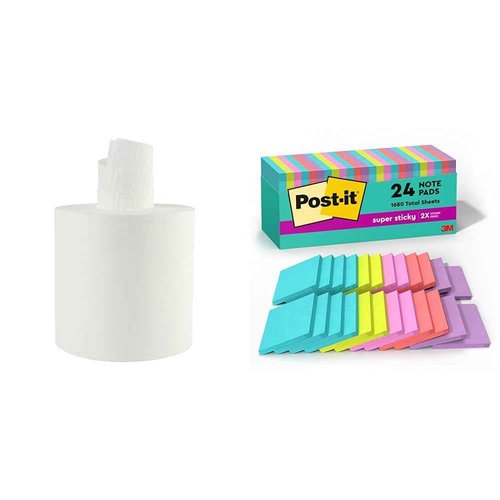 Boardwalk BWK410321 7.6 in. x 8.9 in. 2 Ply Center-Pull Roll Towels - White (6/Carton) & Post-it Super Sticky Notes, 3x3 in, 24 Pads, 2X The Sticking Power, Supernova Neons, Bright Colors, Recyclable