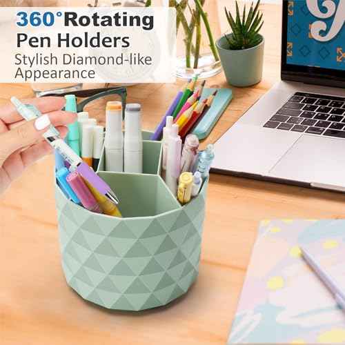 Desk Organizer, 360-Degree Rotating Pencil Pen Holders For Desk, Diamond Pattern Pen Organizer With 5 Compartments, Cute Desk Accessories Decor For Office, School,Home,Art Supply (Pink)