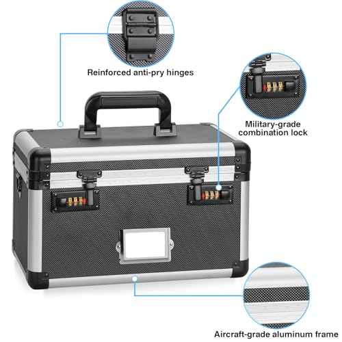 11 x 7 x 8.3 Inch Lockable Storage Box with Combination Lock, Portable Safe for Documents, Medicine, Cash & Valuables, Medicine Lock Box with Label Slot for Home, Office & Travel - Black
