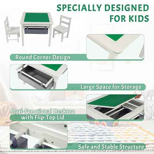 2-in-1 Wooden Table with Built-in Brick Baseplate & Storage | Designed for Building Blocks, Gaming, Drawing, Crafts