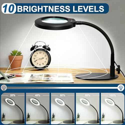 10X Magnifying Glass with Light, Flexible Gooseneck Lighted Magnifier with Stand, 5 Color Modes Dimmable LED Desk Lamp Hands Free for Crafts Painting Sewing Jewelry Reading Close Work