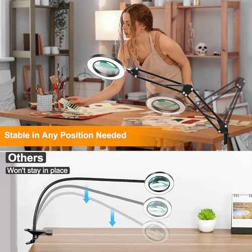 10X Magnifying Glass with Light and Stand, 2-in-1 LED Magnifier Desk Lamp, 3 Color Modes 10 Level Dimmable, Hands-Free Lighted Magnifier for Craft Repair Nail Reading Close Works (Black, Base)