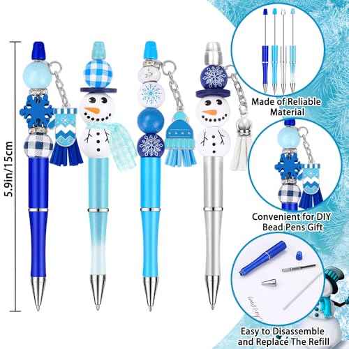 12 Set Christmas Beadable Pens Plastic Bead Pens Winter Snowman Blue Bulk Ballpoint DIY Crafting Pens Making Kit with Pendants Lobster Clasps for Students Teens School Office Supplies