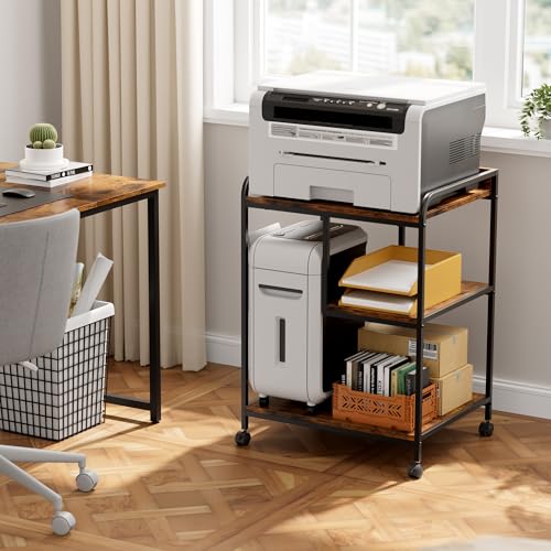 Warmiehomy 24"x19"x32" Large Printer Stand, Mobile Printer Table with Wheels for Home Office Storage and Organization, PC Tower Stand, Host Computer Cart, Shelf for Desktop CPU Shredder, Rustic Brown