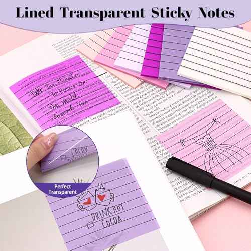 3x3 Inch Transparent Sticky Notes 300 Sheets, Clear Translucent Lined Self-Adhesive Memo Repositionable Reminder Pad for Office, College Students, Planners, Journals, School Supplies (Purple)