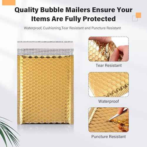 100 Pack Christmas Bubble Mailers 3 Sizes Metallic Bubble Envelopes Waterproof Self Sealing Bags for Mailing, Packing, Small Business, Jewelry Makeup, Gifts(Gold,Metallic)