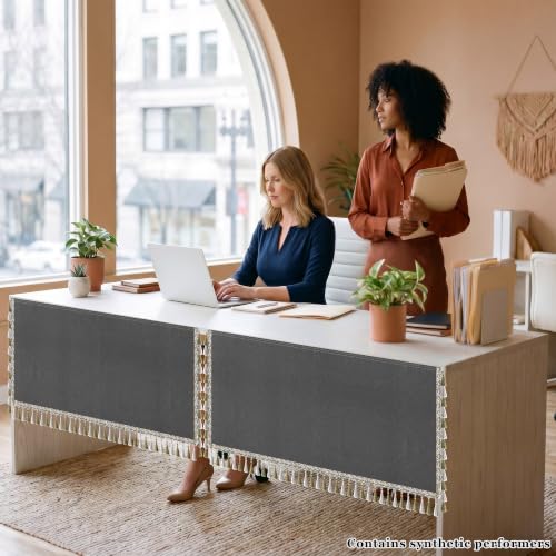 HolyMaji 48" Linen Under Desk Privacy Panel with Tassel Border – Self-Adhesive Modesty Screen (Grey)