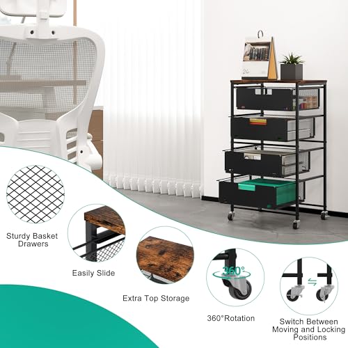 4-Drawer Storage Organizer, Under Desk Rolling File Cart with Lockable Wheels, Multi-Layer Mobile Filing Cabinet, Utility Craft Cart for Home Office,Black