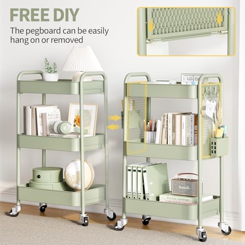 TOOLF 3 Tier Rolling Cart Storage Organizer, Metal Rolling Utility Cart with Wheels, Hooks & Bins Esthetician Craft Art Sturdy Storage with Pegboard for Bathroom, Kitchen, Office, Nursery Diaper