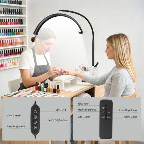 Black Half Moon LED Floor Lamp for Lash, Tattoo & Beauty Work - Shadow-Free, Dimmable, Remote Control