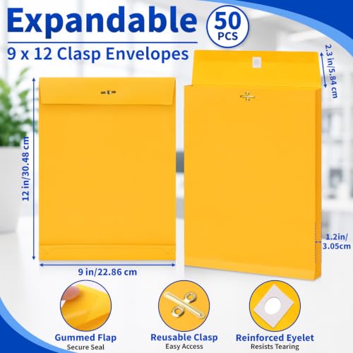 UZLU 50 Pack 9x12 Inch Expanding Manila Envelopes with Reusable Clasp & Gummed Seal, Heavyweight 180 GSM, Letter Size for Office & School Filing