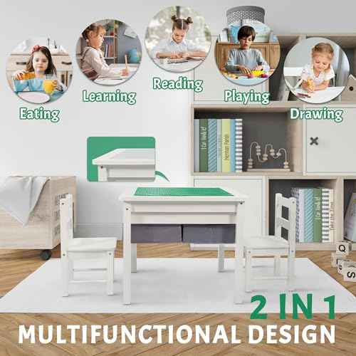 2-in-1 Wooden Table with Built-in Brick Baseplate & Storage | Designed for Building Blocks, Gaming, Drawing, Crafts