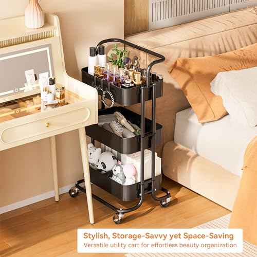 3 Tier Mesh Utility Cart, Rolling Metal Organization Cart with Handle and Lockable Wheels, Multifunctional Storage Shelves for Kitchen Living Room Office, Black