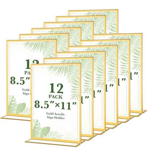 12 Pack Gold Acrylic Sign Holders 8.5x11 Inch, Double Sided Clear Acrylic Frames for Menu Displays, Wedding Table Numbers, Event Signage, Restaurant Posters and Office Document Holders