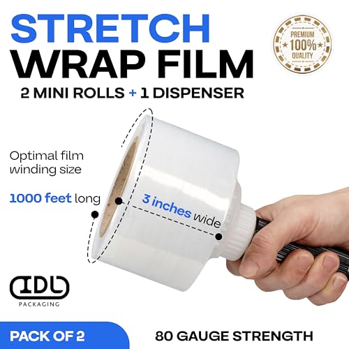 IDL Packaging 3" x 1000' Stretch Wrap Mini Rolls, 80 Ga (2-Pack) -