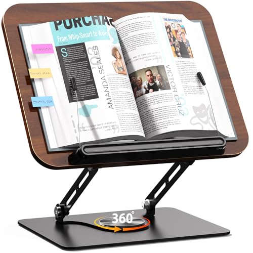 Abiglifty Book Stand for Reading,Adjustable Book Holder with 360¡Æ Rotating Base,Foldable Book Holder Stand for Cookbook,Textbook,Tablets, Laptops (Dark Wood)