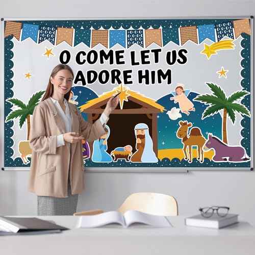 Christian Nativity Religious Bulletin Board Set 2025 VBS Christian Jesus Birth Classroom Decorations Border Cutout for Sunday School Church Chalkboard Wall Decor Summer Christmas Holiday