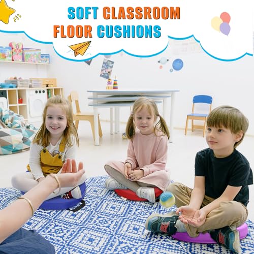 8 PCS 16 Inch Round Floor Cushions with Handle, Flexible Seating for Classroom | Waterproof Synthetic Leather Round Cushions | 16''x16''x2'' Floor Pillow for Home, Yoga and Meditation