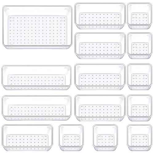 Drawer Organizers Set of 15, 4 Sizes Clear Plastic Drawer Organizers and Storage Bins for Kitchen, Bathroom, Office, Dresser Desk Drawer Organizer Tray for Jewelry, Makeup, Junk, Gadgets