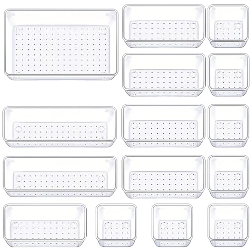 Manalete Clear Plastic Drawer Organizer Set 15 Pack - Makeup, Vanity & Storage Bins