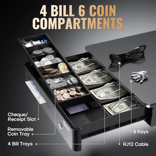 Tera 13" Auto Open Cash Register Drawer Heavy Duty Fully Removable Insert Tray 5 Keys 4 Bill 6 Coin Media Slot 24V RJ12 Key-Lock (Round Corner) for POS System Small Business 330R