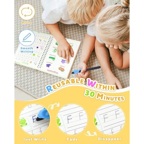 Magic Practice Copybook, Reusable Writing Practice Book, Handwriting Aid for Preschool Kids Age 3-8 (4 Books with Pens)