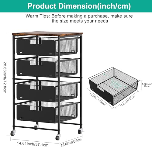 4-Drawer Storage Organizer, Under Desk Rolling File Cart with Lockable Wheels, Multi-Layer Mobile Filing Cabinet, Utility Craft Cart for Home Office,Black