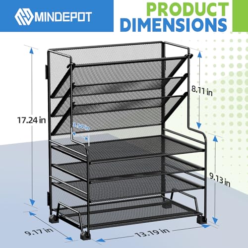 MINDEPOT 4-Tier Desk Paper Organizer with 3-Pocket File Holder - Black (No Drawer & Pen Holders)
