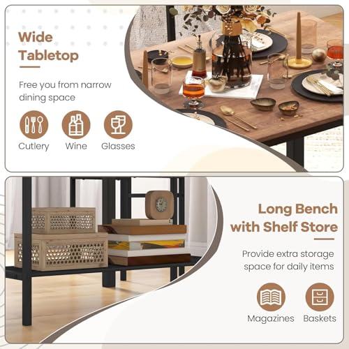 NAFORT Brown 4-Piece Industrial Dining Set with Bench – 43.5''L x 27.5''W, Rustic Wood & Black Metal