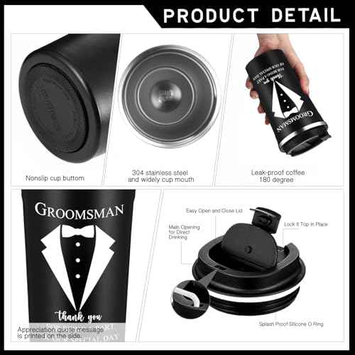 Nuanchu 4 Set Groomsmen Gifts for Men Wedding Proposal Gift 17 oz Stainless Steel Tumbler Groomsman Socks Multi Tool Metal Ballpoint Pen with Black Greeting Card Envelope for Groomsmen male (Black)