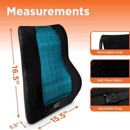 BLACK+DECKER Memory Foam Lumbar Support Pillow with Cooling Gel ? High Back Lumbar Cushion for Office, Car, Wheelchair & Airplane ? Ergonomic, Pain Relief, Adjustable Strap, Washable Cover,Black/Grey
