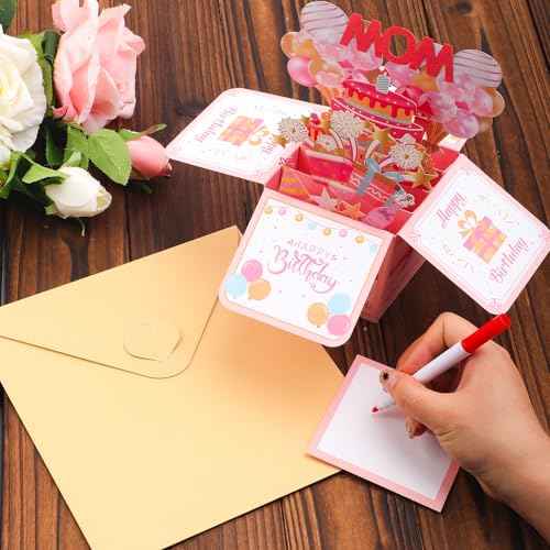 Happy Birthday Mom Pop up Card, Thoughtful Birthday Cards for Mom Colorful Balloons Excitement Fireworks Gift Box with Envelope Creative Pop up Gift Card for Women Stepmom Godmother