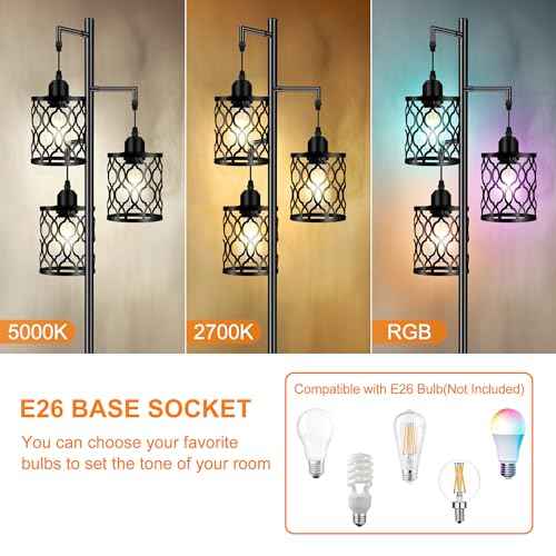 Industrial Floor Lamp, Metal Farmhouse Floor Lamp for Living Room, Rustic Standing Tall Lamps with 3 Elegant Cage Heads, Tree Floor Lamps for Bedrooms, Home Office, Bar, 68", Black, Bulb Not Included