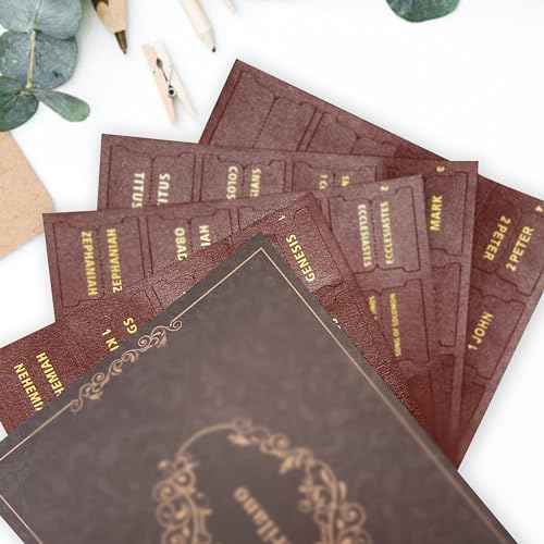 Bible Tabs for Women and Men - Leather Paper Bible Index Tabs - Large Gold Foil Laminated Tabs - Bible Journaling Supplies - 66 Bible Tabs for Old and New Testament,14 Blank tabs (Brown)