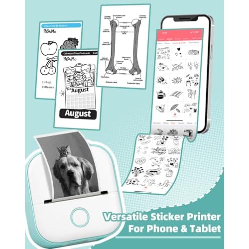 Memoking Sticker Printer - T02 Mini Printer Print Pods Portable Thermal Inkless Sticker Maker Machine Bluetooth Pocket Impresora Port?til Instant Print for Notes, Anatomical Diagrams, Journal,DIY,Gift
