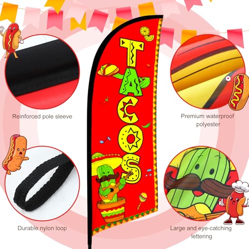 2 Set Tacos Feather Flag Kit, 8ft Advertising Swooper Flag Banner with Pole and Ground Stake for Business Restaurant Advertising Banner for Outside Ground