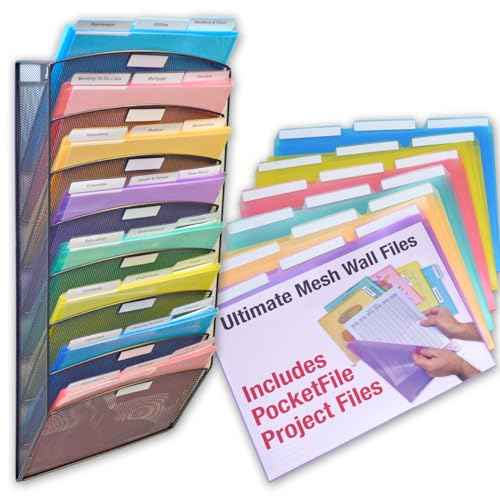 Ultimate Office Mesh Wall File Organizer, 8 Tier Vertical Mount Hanging File Sorter. Multipurpose Display Rack Includes 18, 3rd Cut PocketFile Clear Document Folder Project Pockets (Black)