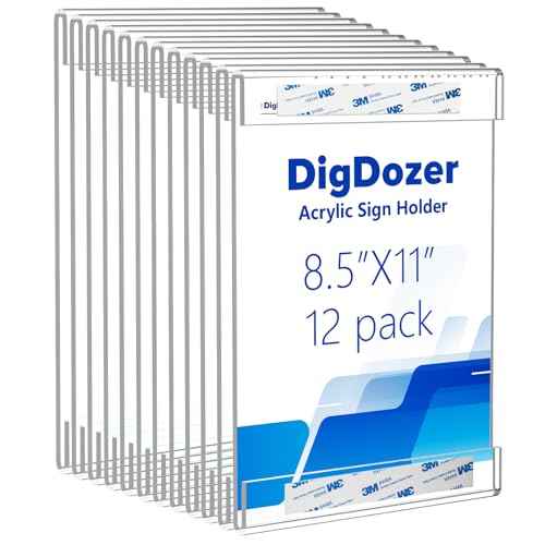 12 Pcs Acrylic Sign Holder 8.5 x 11, Vertical Wall Mount Sign Holders with Adhesive, Clear Plastic Frames Paper Display Sign Holders for Office, Home, Store, Restaurant - No Drilling