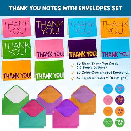 50 Pack Thank You Cards with Envelopes and Stickers, 4 x 6 Inch Blank Kids Thank You Notes | Appreciation Cards, Bulk Boxed Set for Students from Teachers, Birthdays, Small Business