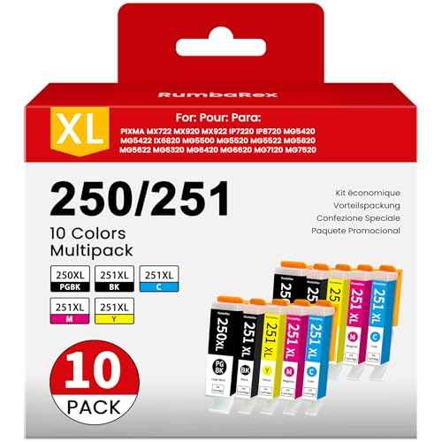 PGI-250XL CLI-251XL Ink Cartridges Replacement for Canon 250 251 PGI-250 CLI-251 XL Ink Cartridges for PIXMA MX922 MG5420 MG5520 MG5522 MG6320 MG6620 iP7220 Printer Ink 10-Pack (2PGBK/2BK/2C/2M/2Y)