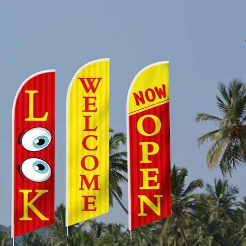 3 Pcs 12 Feet Open Themed Feather Flag for Business Advertising Outside Look Now Open Welcome Red Yellow Flag Banner for Grand Openings (Pole Hardware Not Included)