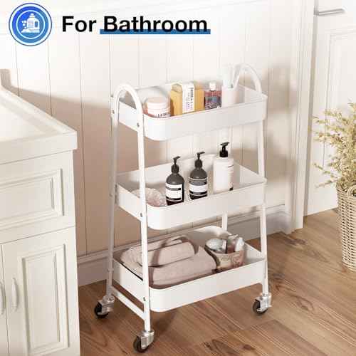 OLIXIS 3 Tier Utility Rolling Cart with Lockable Caster Wheels, Metal Mobile Storage Shelf, Organization for Livingroom, Bathroom, Kitchen, & Narrow Places, Cream White