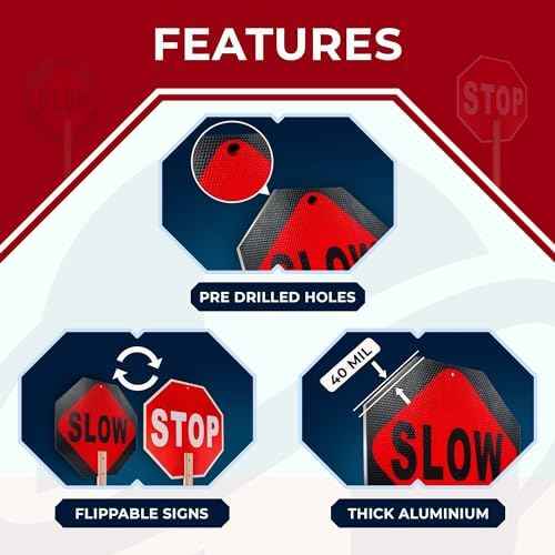 OLANZU 5-Pack Handheld Stop Slow Signs with Wooden Handle - 12" x 12" Double-sided Crossing Guard Stop Sign - Honeycomb Reflective Road Sign - Easy to Install