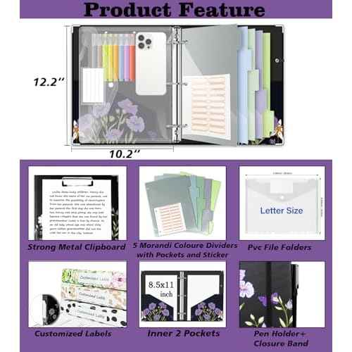 3 Ring Binder 1 Inch, Three Ring Binders Organizer with Clipboard, 5-Tabs Pockets Dividers, Plastic Folder, 18 Divider Stikers, BVSSX Pretty Binder with Pen Loop (Black Weeds, Letter Size)